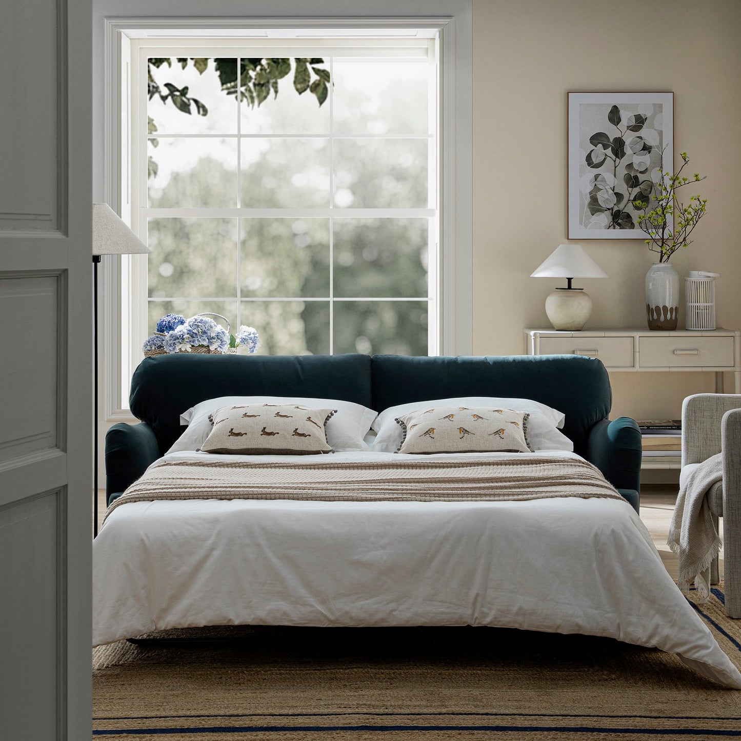 Canapé-lit 3 places Daphnis en velours bleu égéen