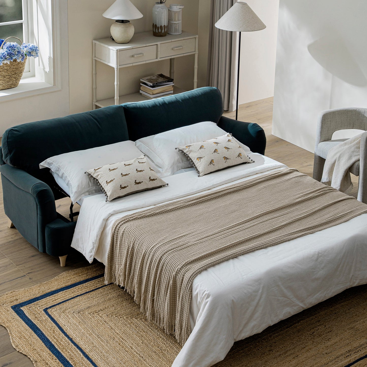 Canapé-lit 3 places Daphnis en velours bleu égéen