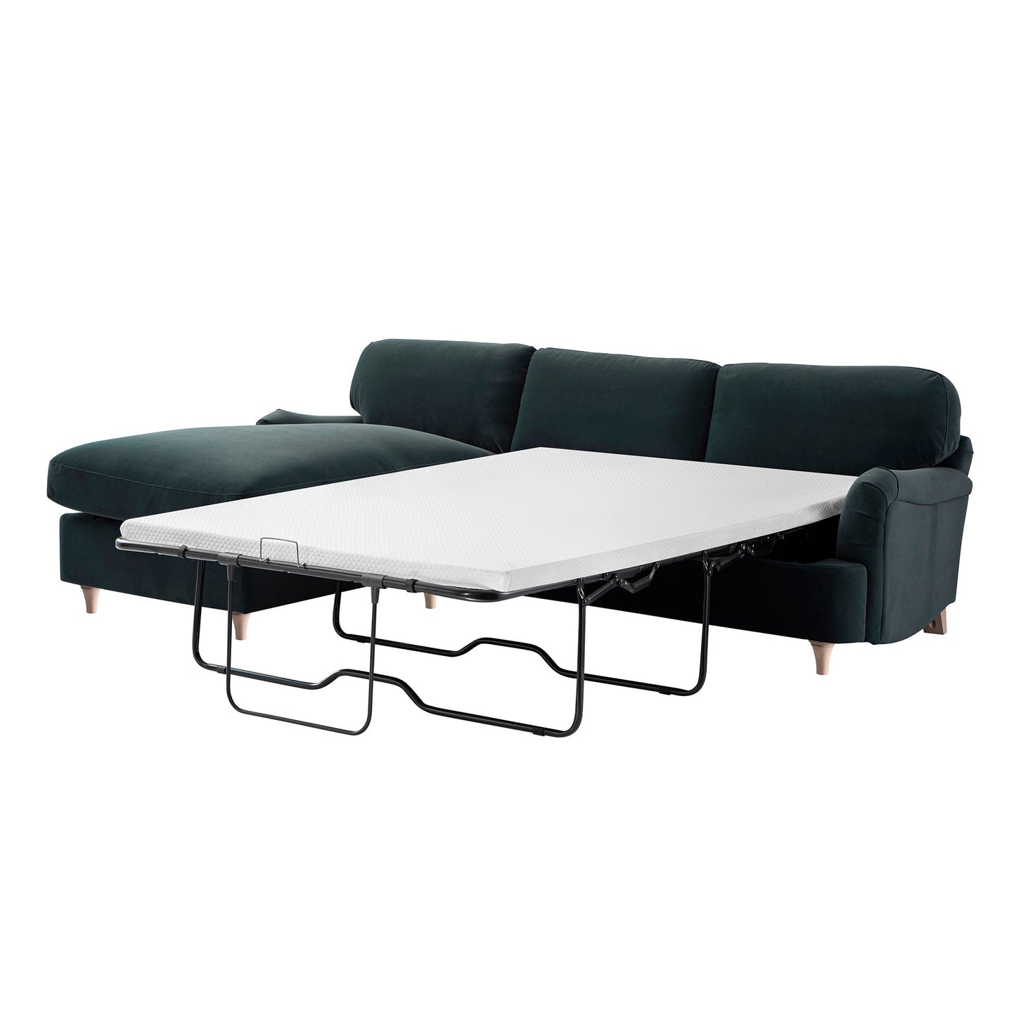 Canapé-lit Daphnis en velours bleu égéen, grande méridienne orientée à gauche