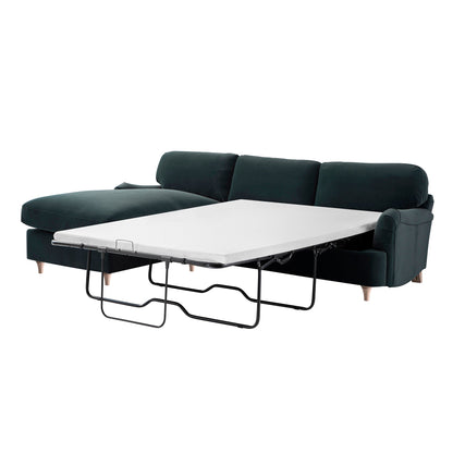 Canapé-lit Daphnis en velours bleu égéen, grande méridienne orientée à gauche