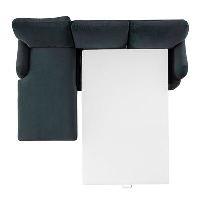 Canapé-lit Daphnis en velours bleu égéen, grande méridienne orientée à gauche