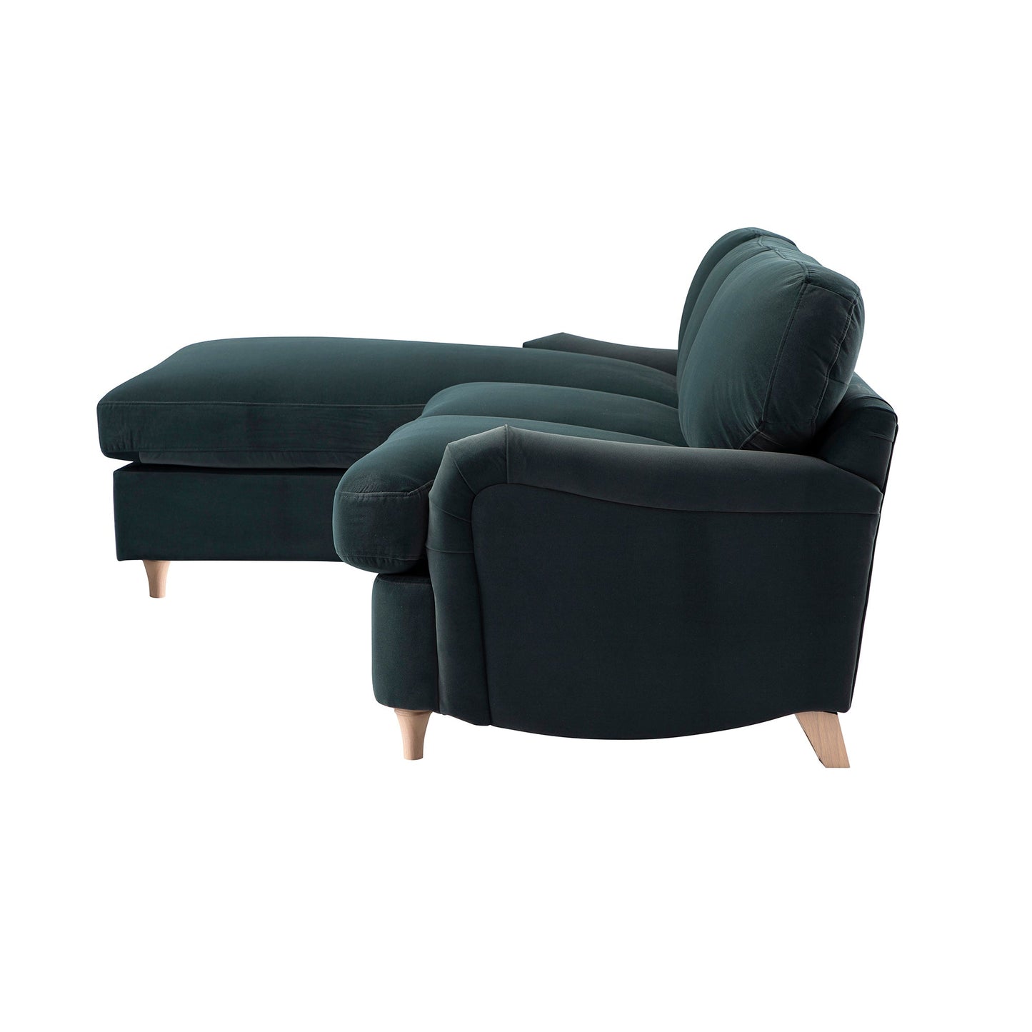 Canapé-lit Daphnis en velours bleu égéen, grande méridienne orientée à gauche