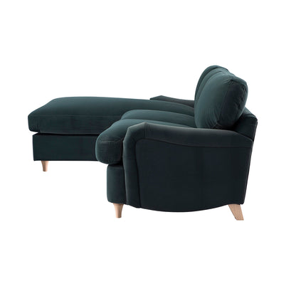 Canapé-lit Daphnis en velours bleu égéen, grande méridienne orientée à gauche