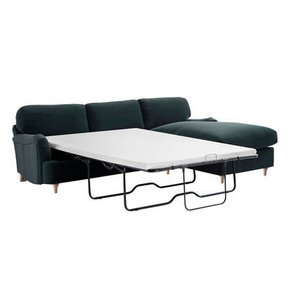 Canapé-lit Daphnis en velours bleu égéen, grande méridienne orientée à droite