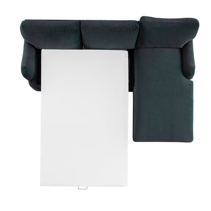 Canapé-lit Daphnis en velours bleu égéen, grande méridienne orientée à droite