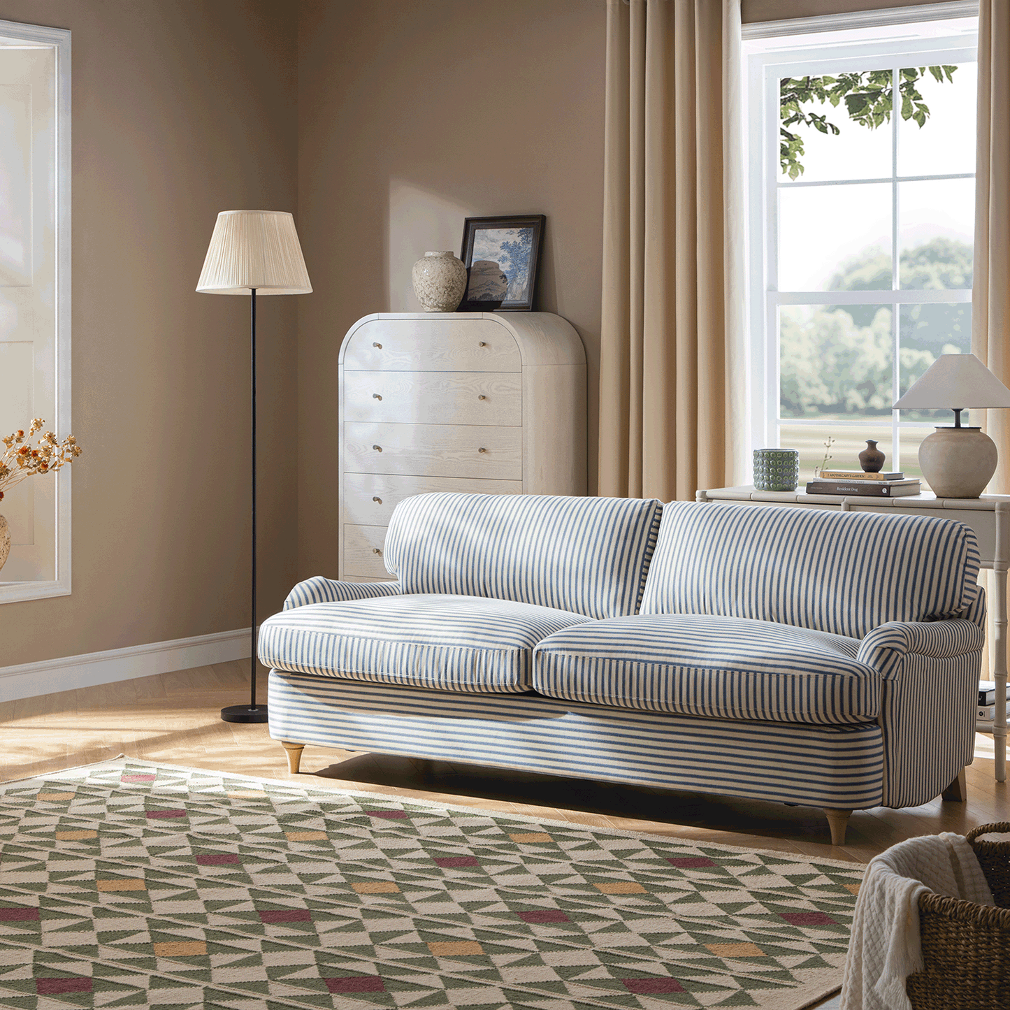 Canapé-lit 3 places Daphnis en lin mélangé à rayures bleues