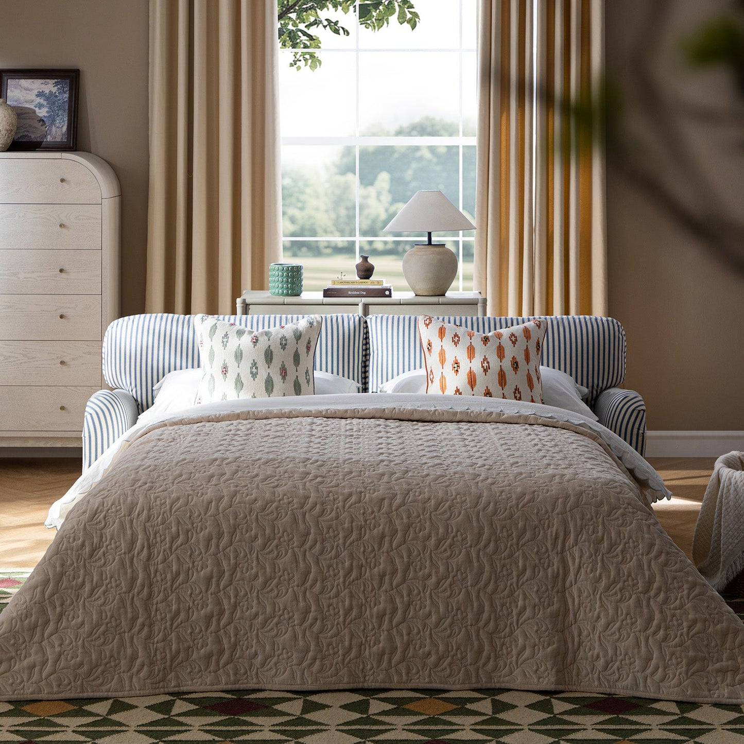 Canapé-lit 3 places Daphnis en lin mélangé à rayures bleues