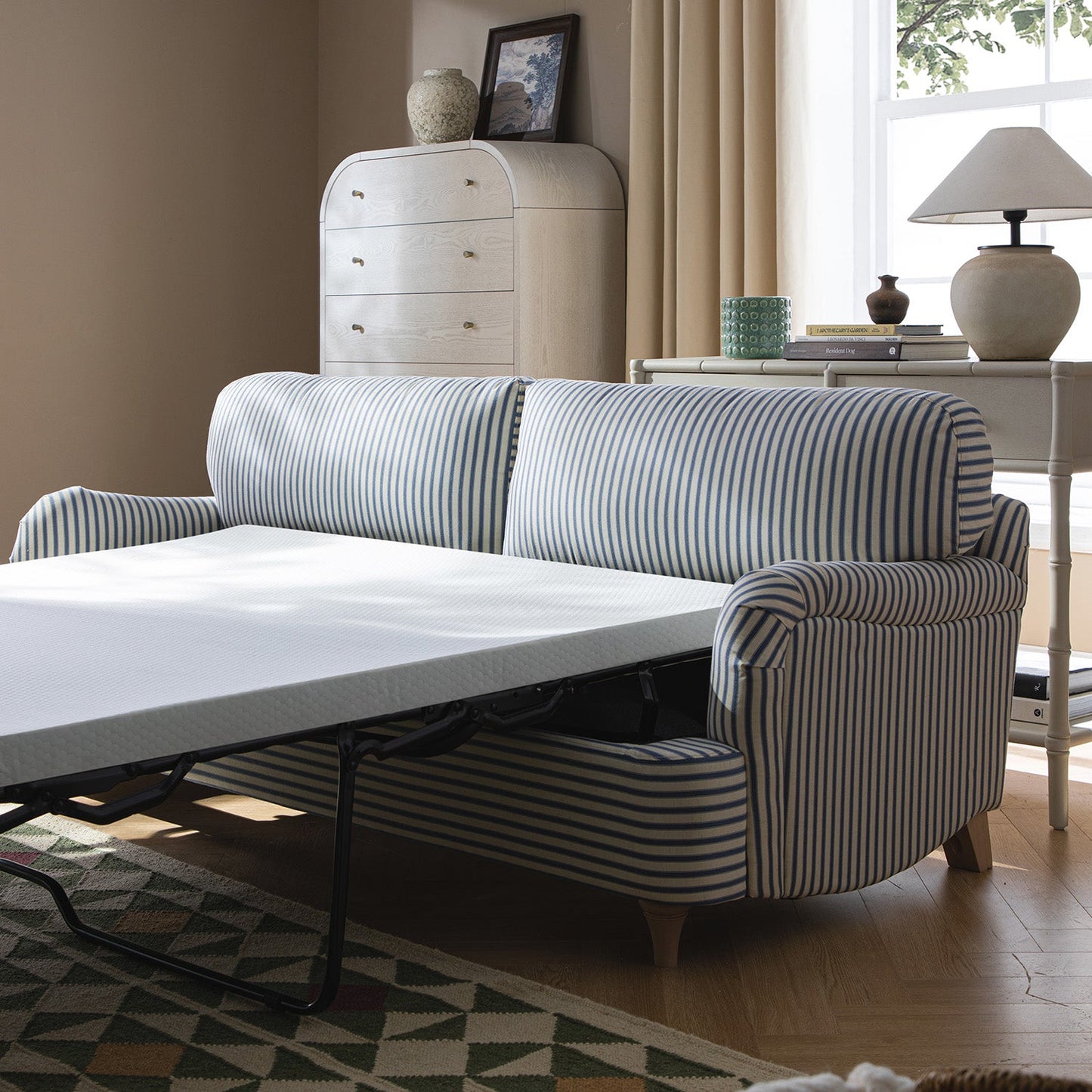 Canapé-lit 3 places Daphnis en lin mélangé à rayures bleues