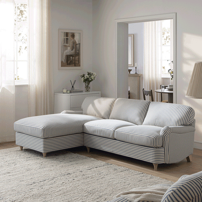 Canapé-lit Daphnis en lin mélangé à rayures bleues, grande méridienne orientée à gauche