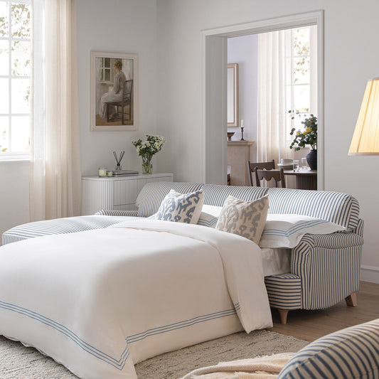 Canapé-lit Daphnis en lin mélangé à rayures bleues, grande méridienne orientée à gauche