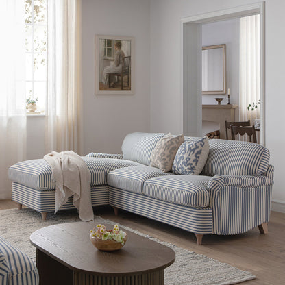 Canapé-lit Daphnis en lin mélangé à rayures bleues, grande méridienne orientée à gauche