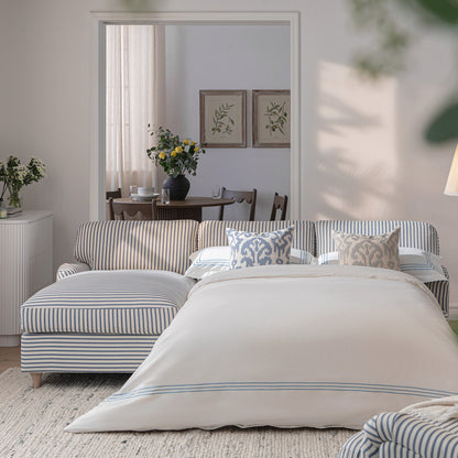 Canapé-lit Daphnis en lin mélangé à rayures bleues, grande méridienne orientée à gauche