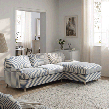 Canapé-lit Daphnis en lin mélangé à rayures bleues, grande méridienne orientée à droite