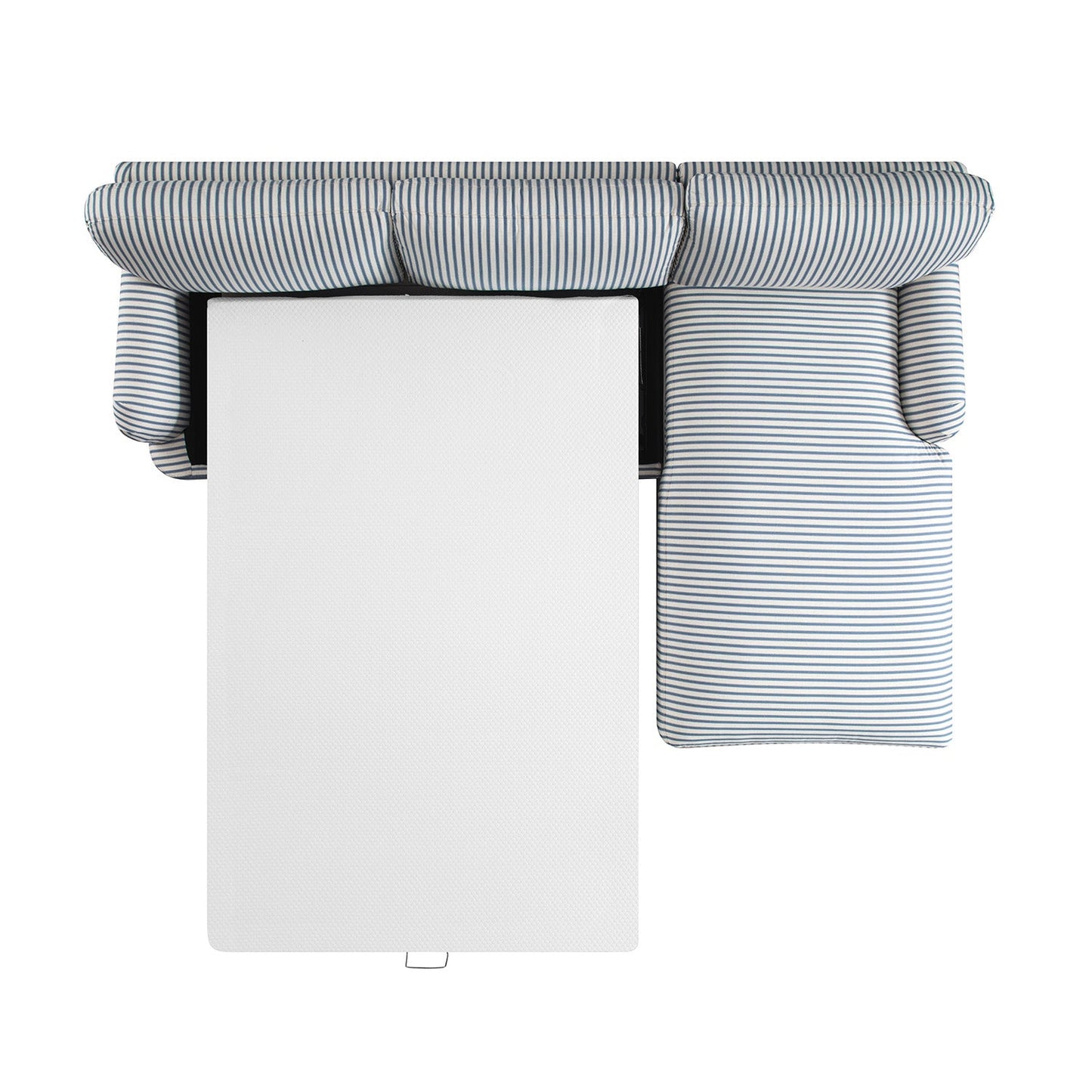 Canapé-lit Daphnis en lin mélangé à rayures bleues, grande méridienne orientée à droite