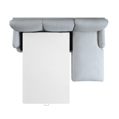 Canapé-lit Daphnis en lin mélangé à rayures bleues, grande méridienne orientée à droite