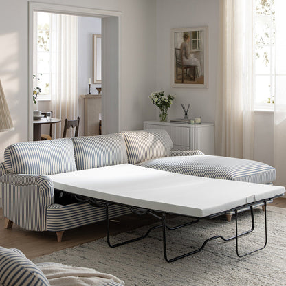 Canapé-lit Daphnis en lin mélangé à rayures bleues, grande méridienne orientée à droite