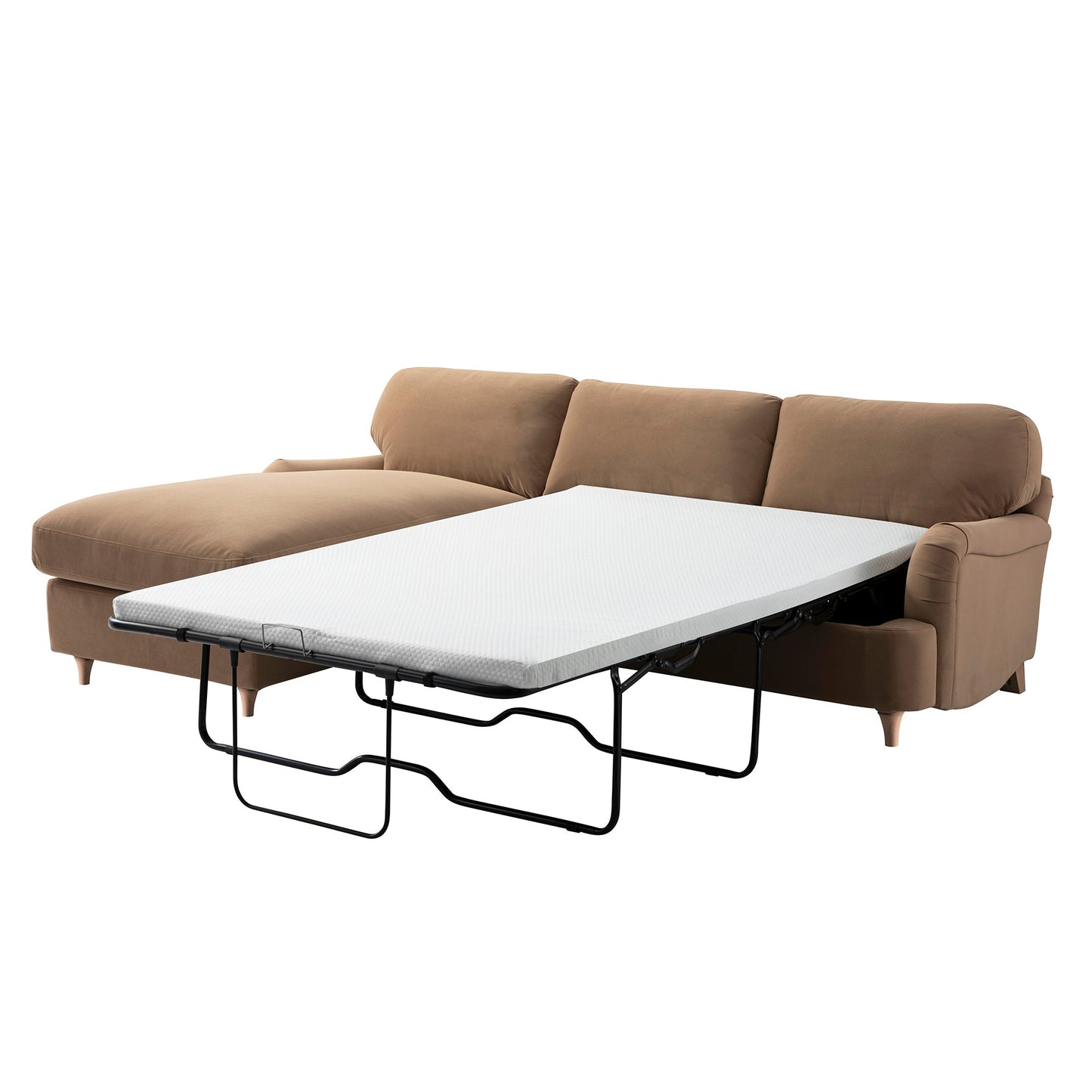 Canapé-lit Daphnis en velours camel, grande méridienne orientée à gauche