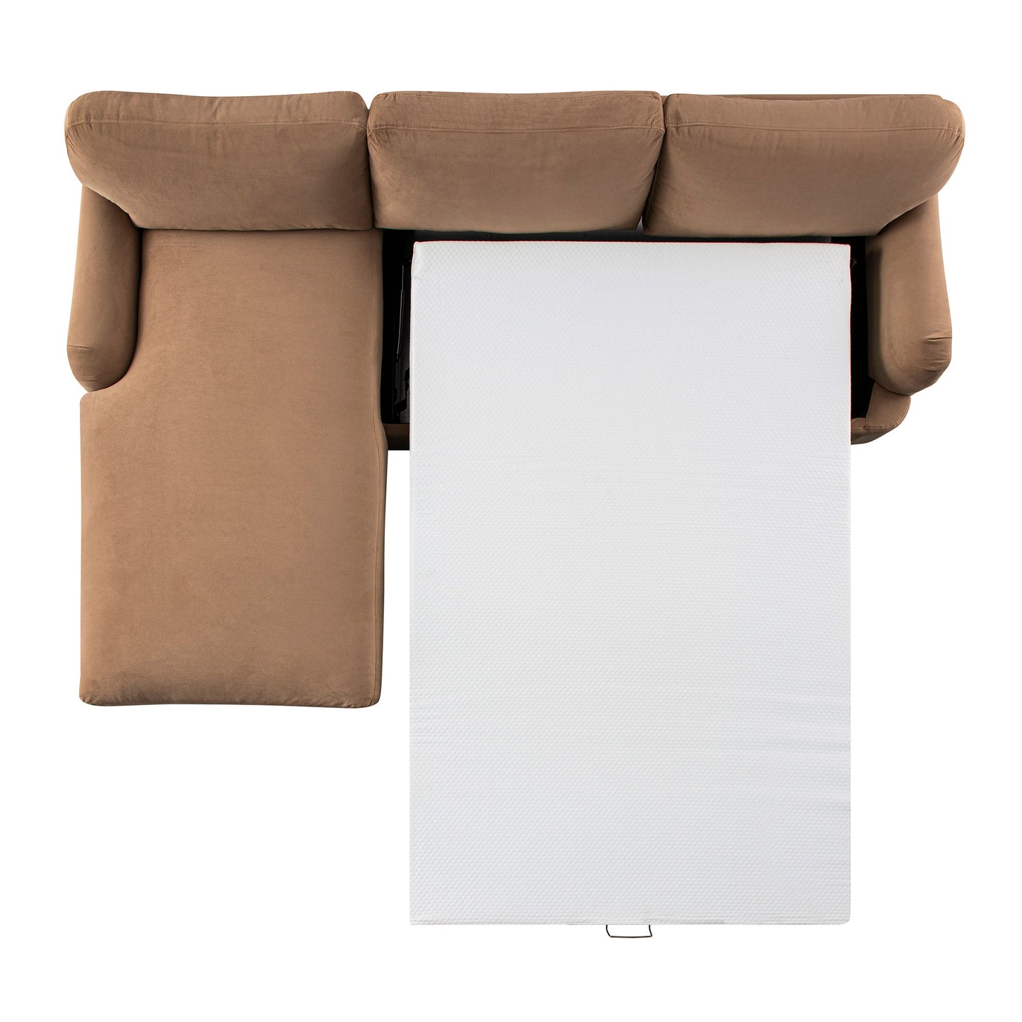 Canapé-lit Daphnis en velours camel, grande méridienne orientée à gauche