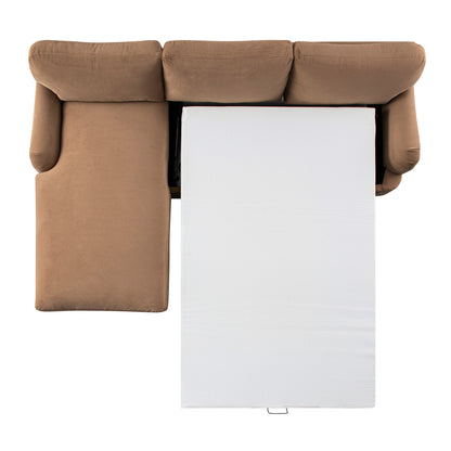 Canapé-lit Daphnis en velours camel, grande méridienne orientée à gauche