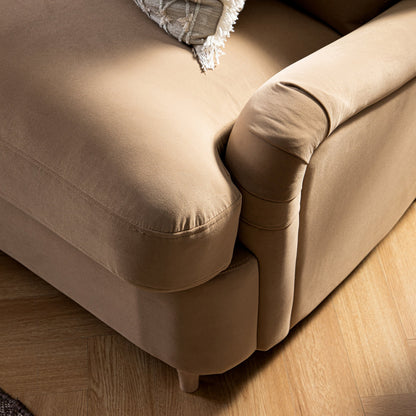 Canapé-lit Daphnis en velours camel, grande méridienne orientée à gauche