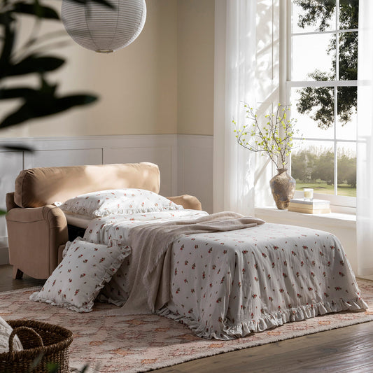 Canapé-lit en velours camel Daphnis, causeuse