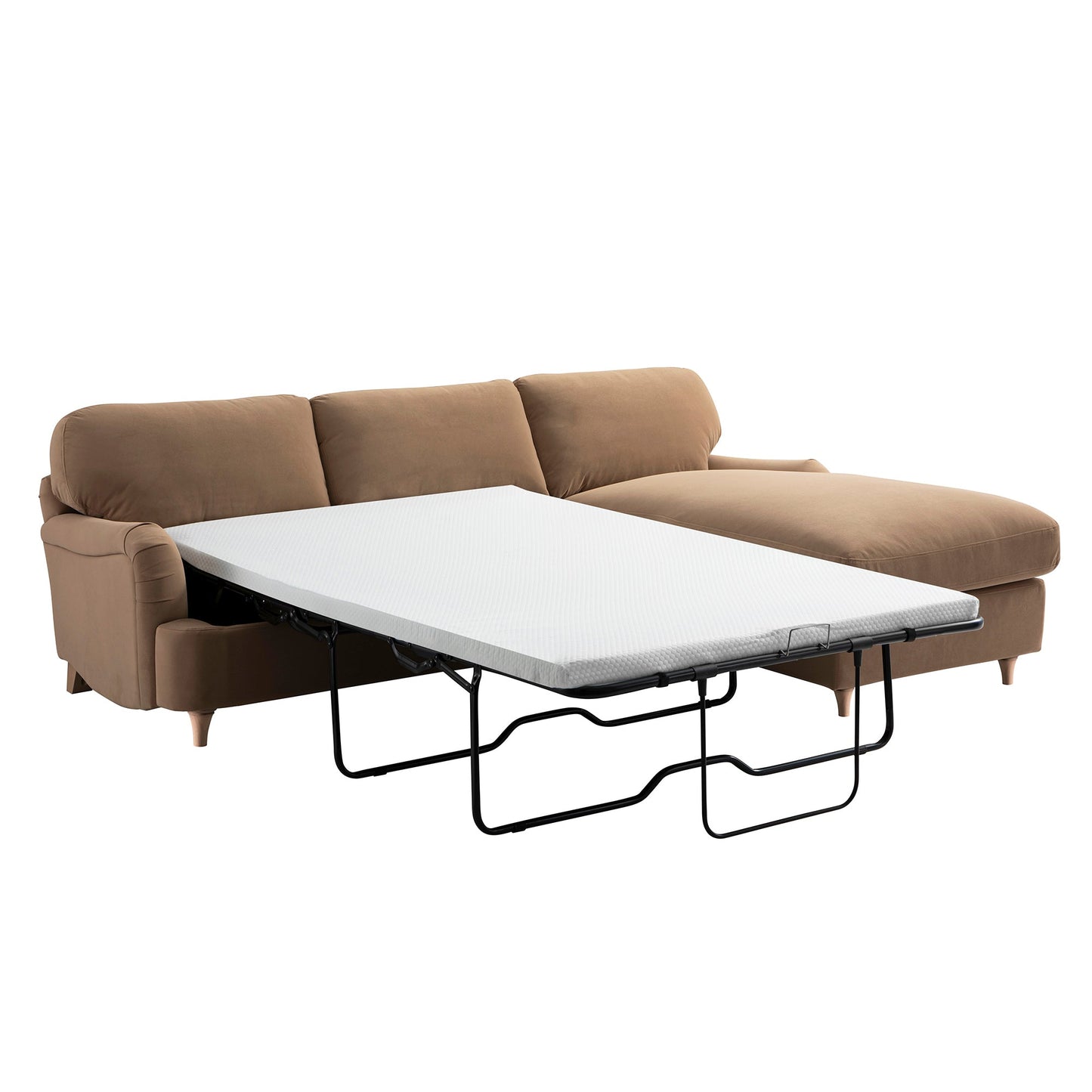 Canapé-lit Daphnis en velours camel, grande méridienne orientée à droite