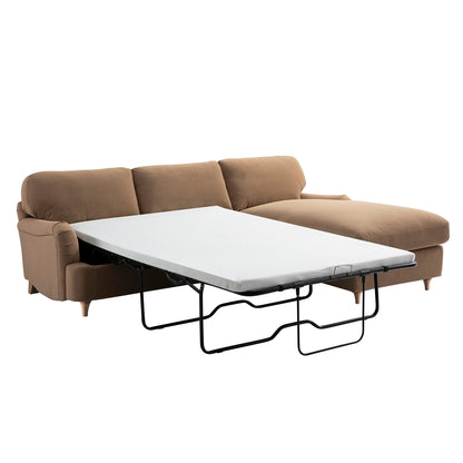 Canapé-lit Daphnis en velours camel, grande méridienne orientée à droite