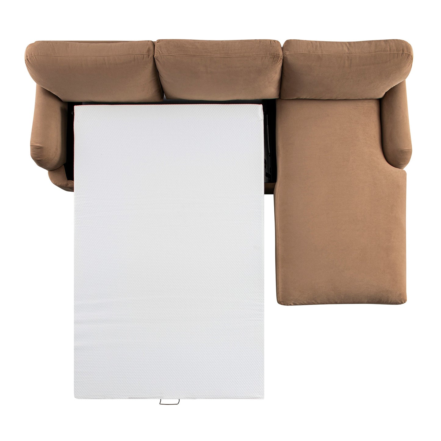 Canapé-lit Daphnis en velours camel, grande méridienne orientée à droite