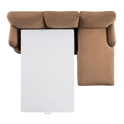 Canapé-lit Daphnis en velours camel, grande méridienne orientée à droite