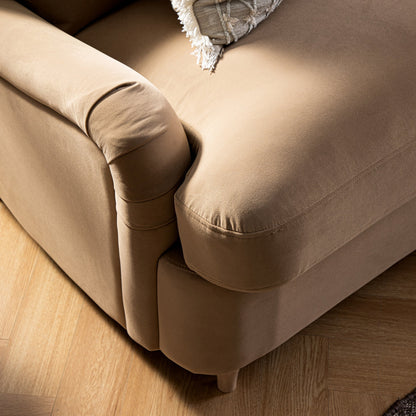 Canapé-lit Daphnis en velours camel, grande méridienne orientée à droite