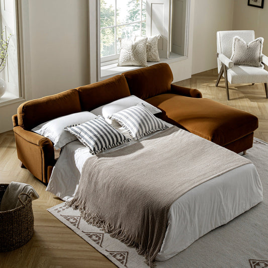 Canapé-lit en velours cannelle Daphnis, grande chaise longue orientée à droite