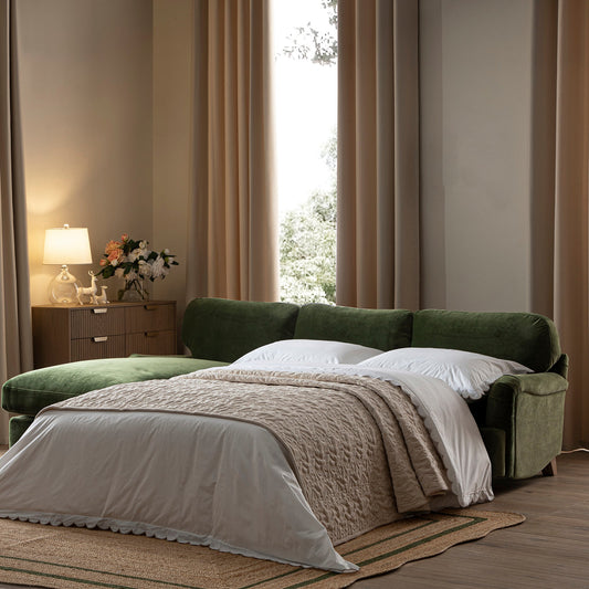 Canapé-lit en velours vert Daphnis Fern, grande méridienne orientée à gauche