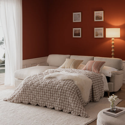 Canapé-lit en tissu Daphnis Oatmeal, grande méridienne orientée à gauche