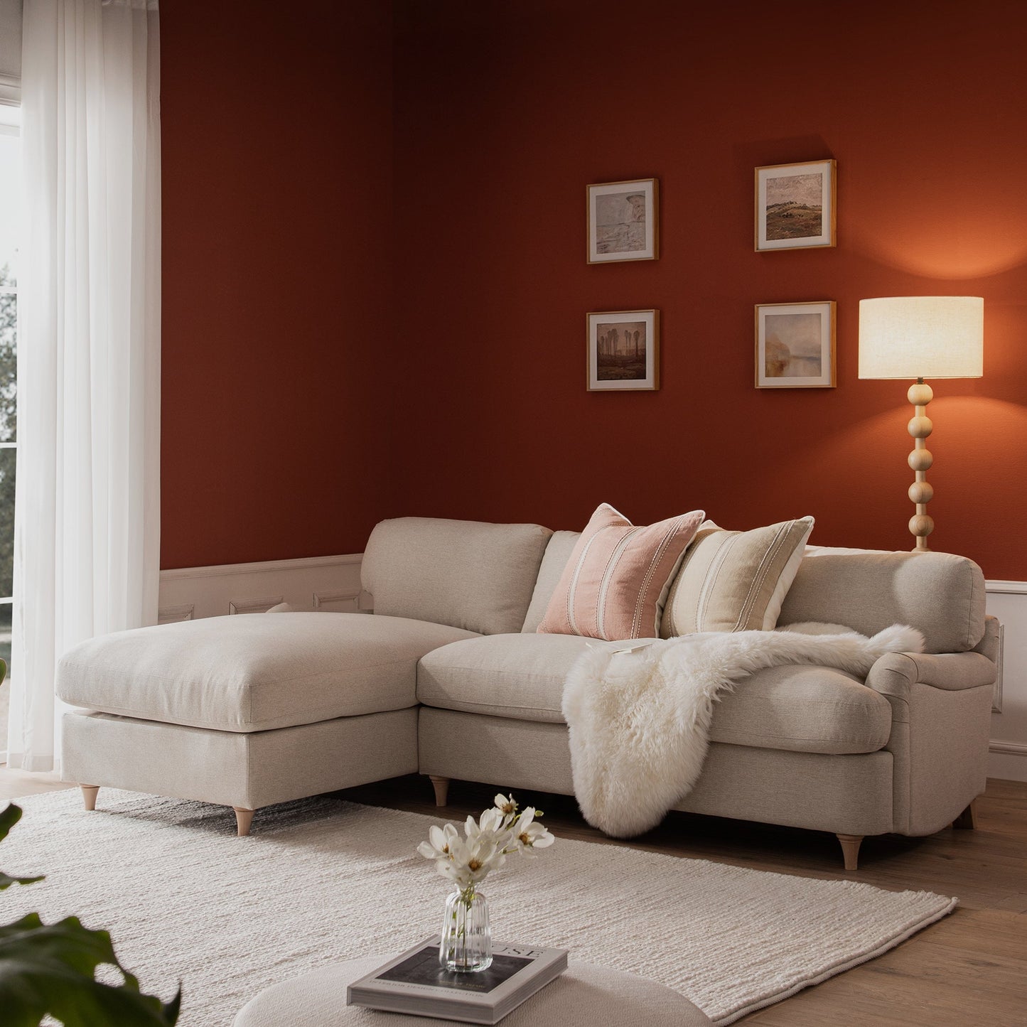 Canapé-lit en tissu Daphnis Oatmeal, grande méridienne orientée à gauche