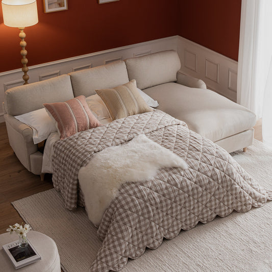 Canapé-lit en tissu Daphnis Oatmeal, grande méridienne orientée à droite