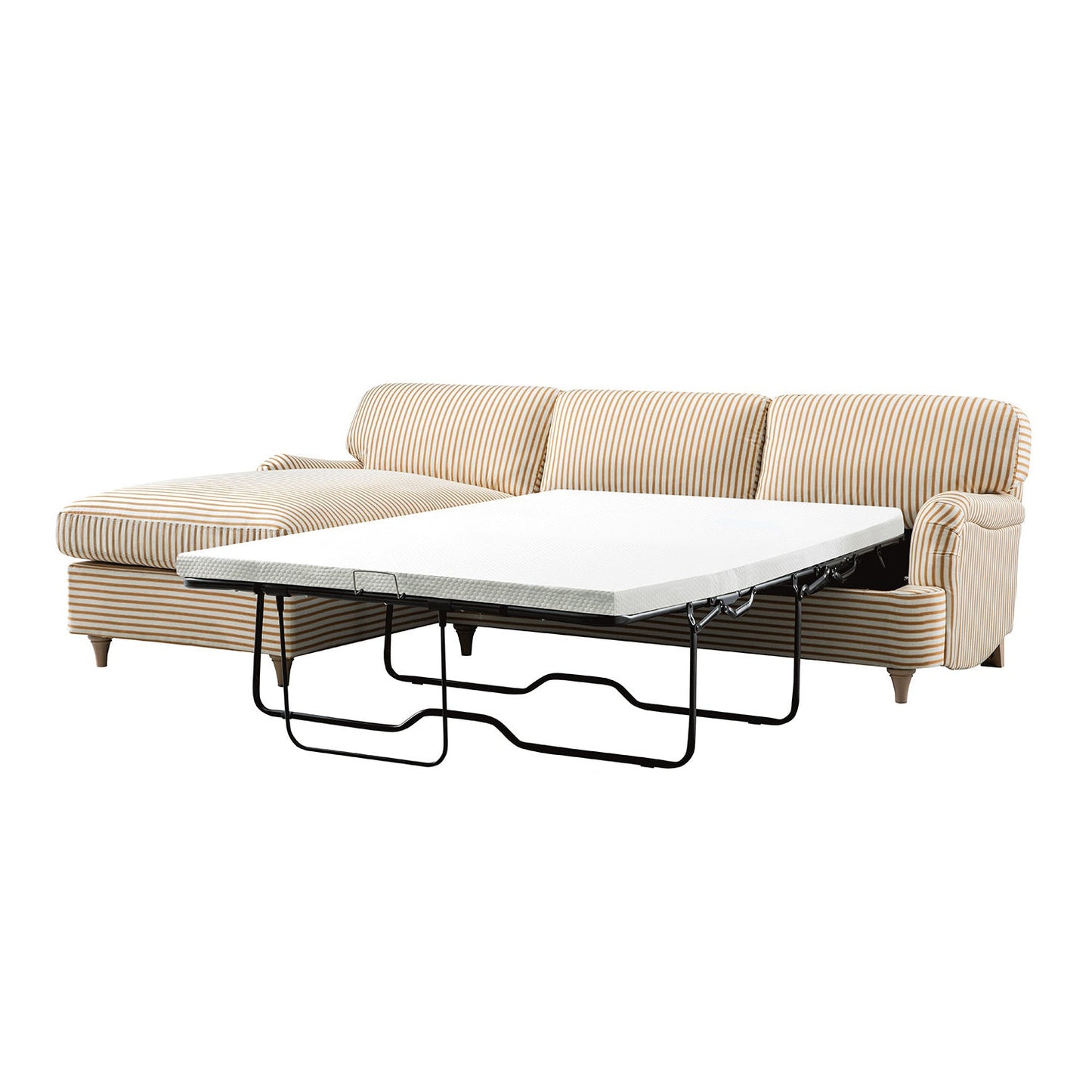 Canapé-lit Daphnis en lin mélangé à rayures ocre, grande méridienne orientée à gauche