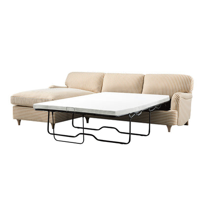 Canapé-lit Daphnis en lin mélangé à rayures ocre, grande méridienne orientée à gauche