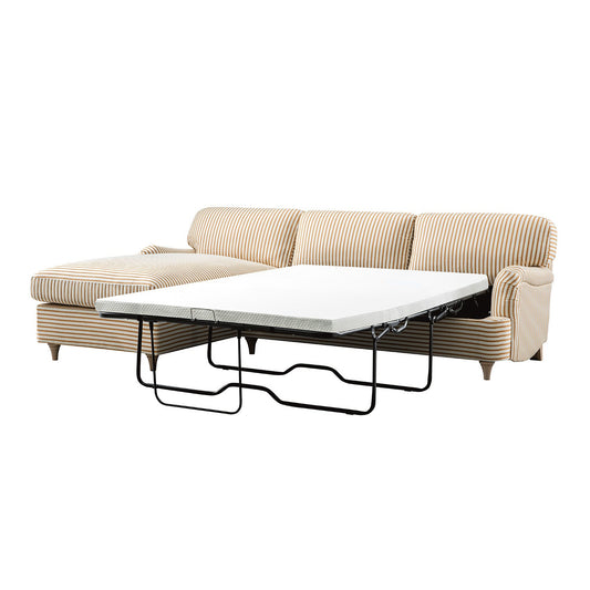 Canapé-lit Daphnis en lin mélangé à rayures ocre, grande méridienne orientée à gauche