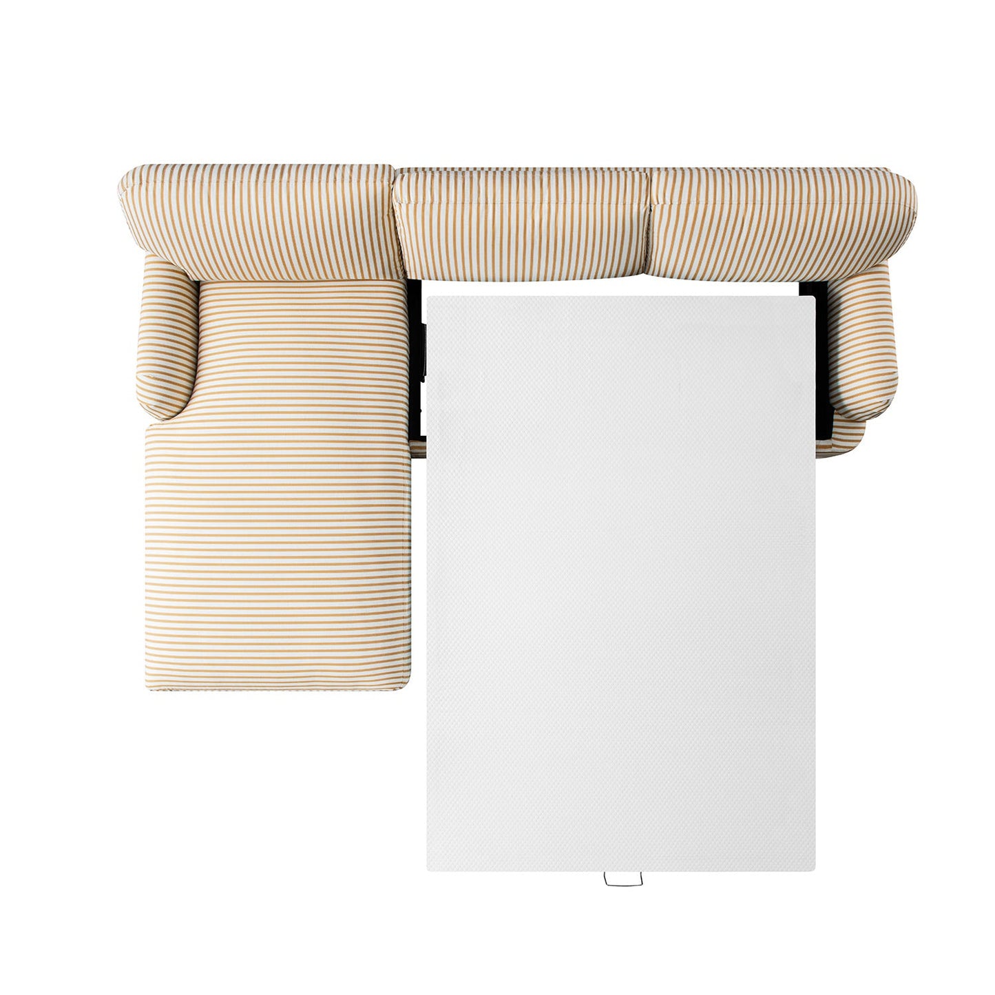 Canapé-lit Daphnis en lin mélangé à rayures ocre, grande méridienne orientée à gauche