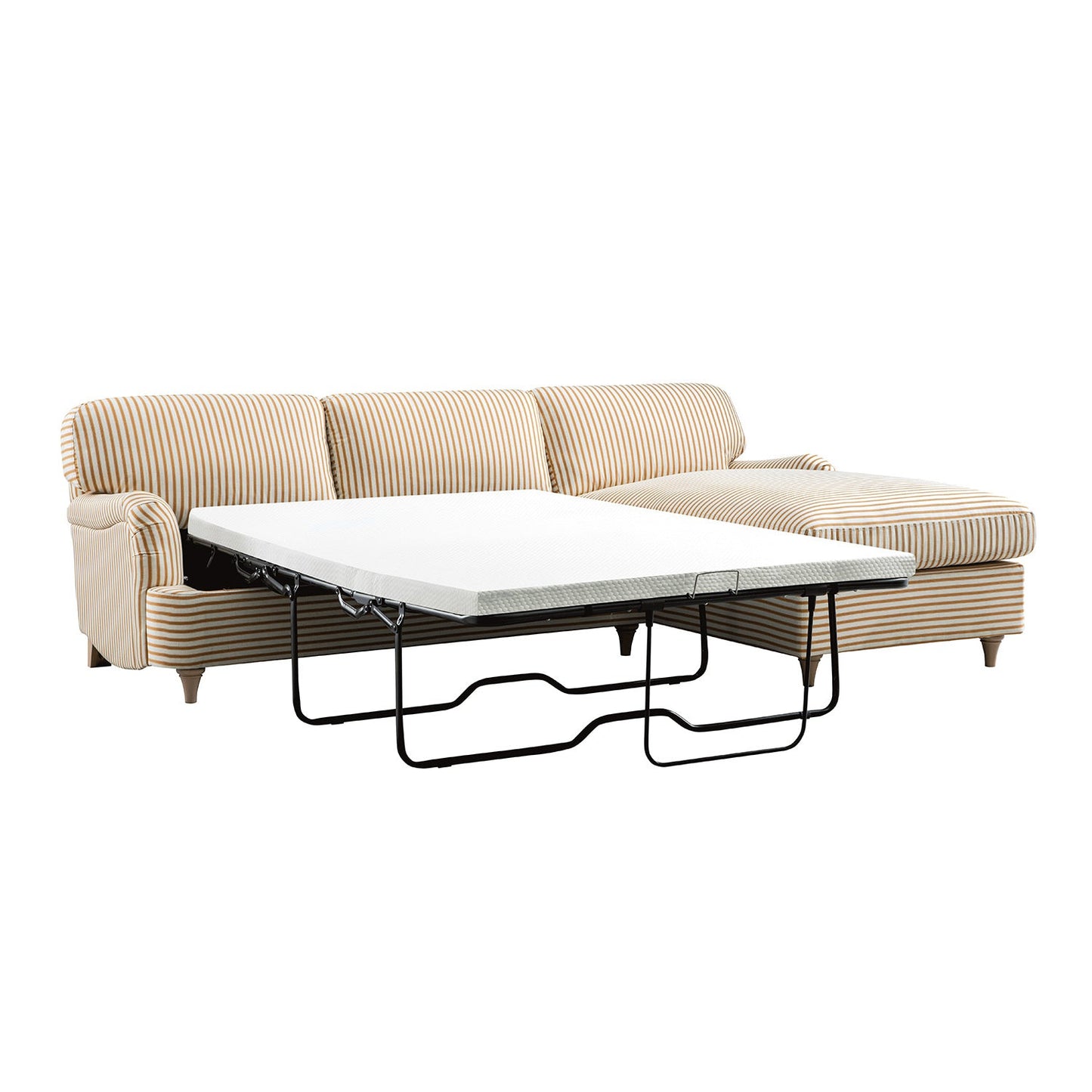 Canapé-lit Daphnis en lin mélangé à rayures ocre, grande méridienne orientée à droite