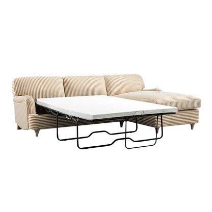 Canapé-lit Daphnis en lin mélangé à rayures ocre, grande méridienne orientée à droite