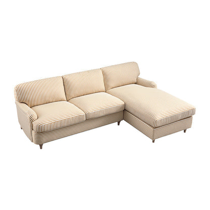 Canapé-lit Daphnis en lin mélangé à rayures ocre, grande méridienne orientée à droite