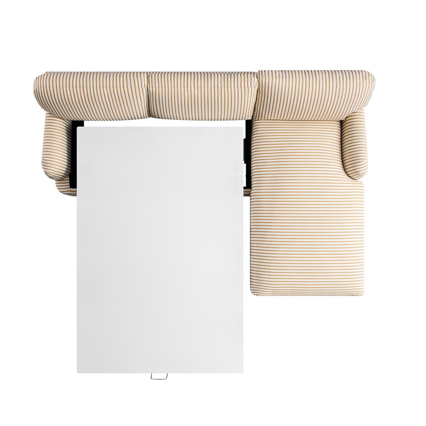 Canapé-lit Daphnis en lin mélangé à rayures ocre, grande méridienne orientée à droite