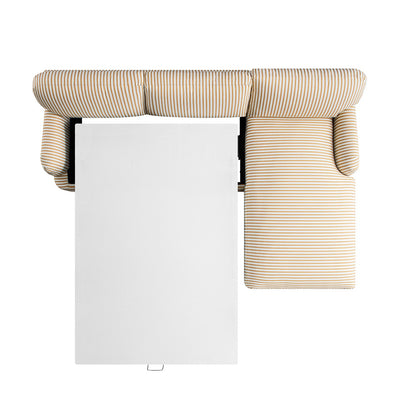 Canapé-lit Daphnis en lin mélangé à rayures ocre, grande méridienne orientée à droite