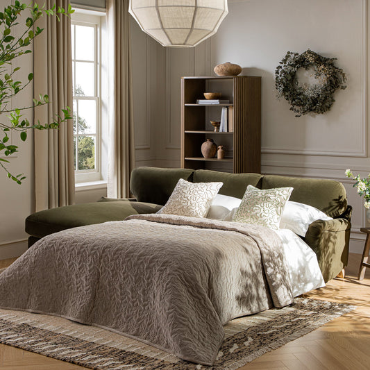 Canapé-lit en velours d'algues Daphnis, grande méridienne orientée à gauche