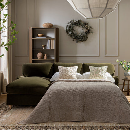 Canapé-lit en velours d'algues Daphnis, grande méridienne orientée à gauche