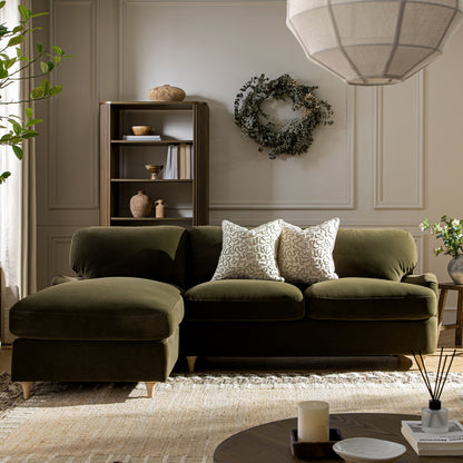 Canapé-lit en velours d'algues Daphnis, grande méridienne orientée à gauche