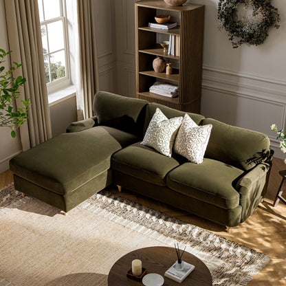 Canapé-lit en velours d'algues Daphnis, grande méridienne orientée à gauche