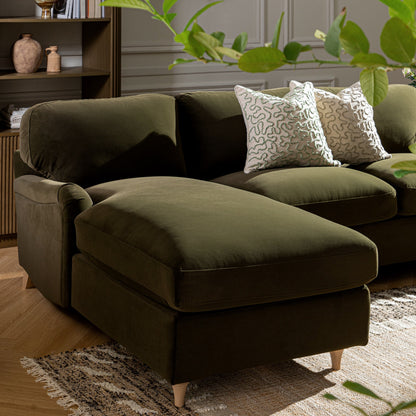 Canapé-lit en velours d'algues Daphnis, grande méridienne orientée à gauche