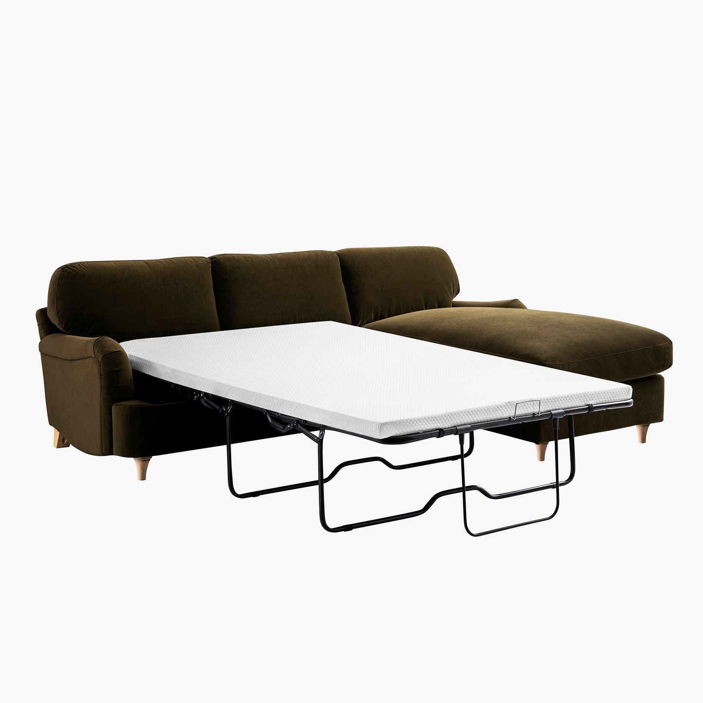 Canapé-lit en velours d'algues Daphnis, grande méridienne orientée à droite